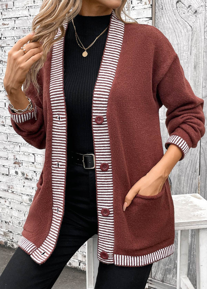 Gemütliche Dunkelbraune Patchwork-Strickjacke Mit Streifen Für Frauen Mivona