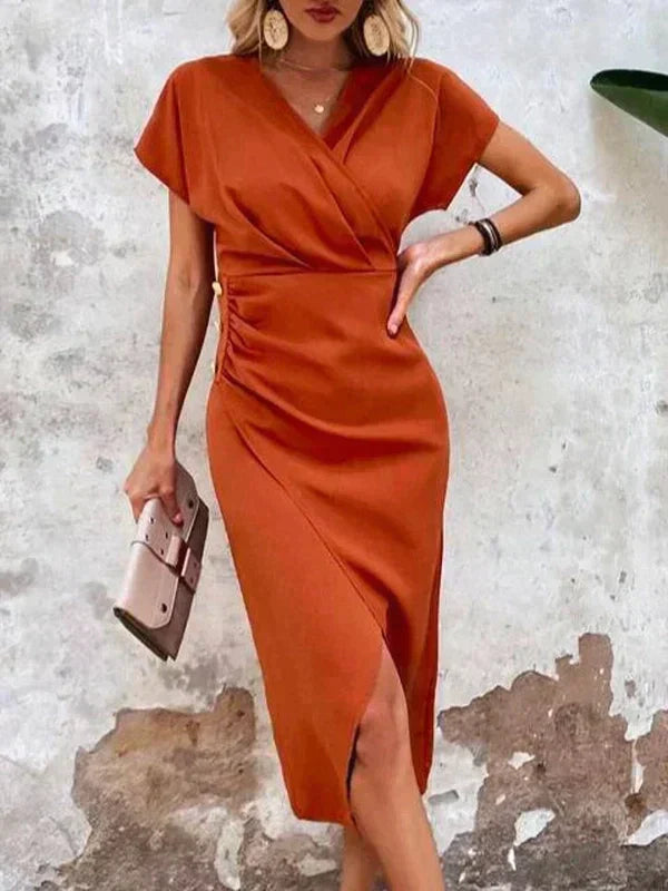 Oranges V-Ausschnitt Midikleid mit Schlitz Für Frauen