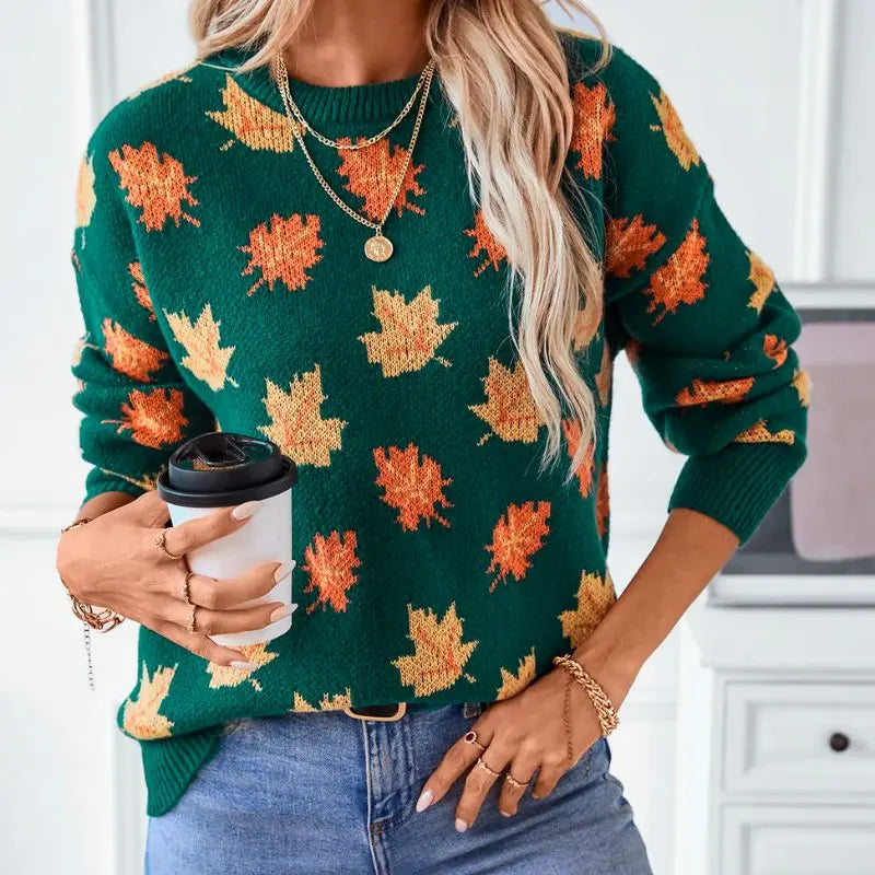 Eleganter Strickpullover Mit Blattmuster Für Naturnahen Stil Für Frauen Mivona