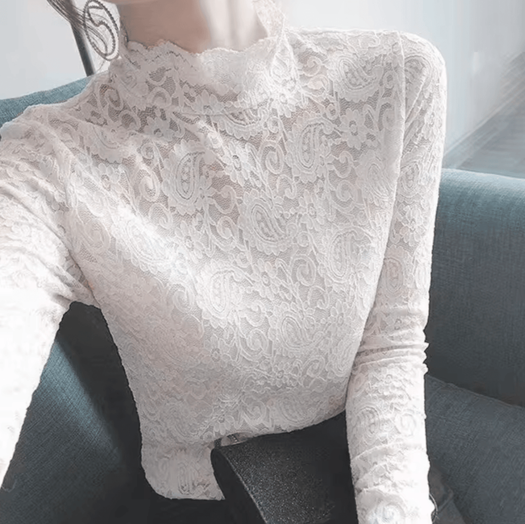 Zeitloses Spitzen-Top mit hohem Kragen und Langarm für Damen