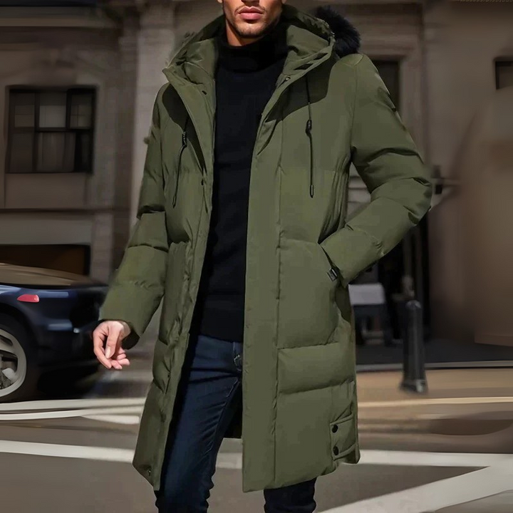 Herren Langer Wintermantel Mit Verstellbarer Kapuze Und Reißverschluss Design