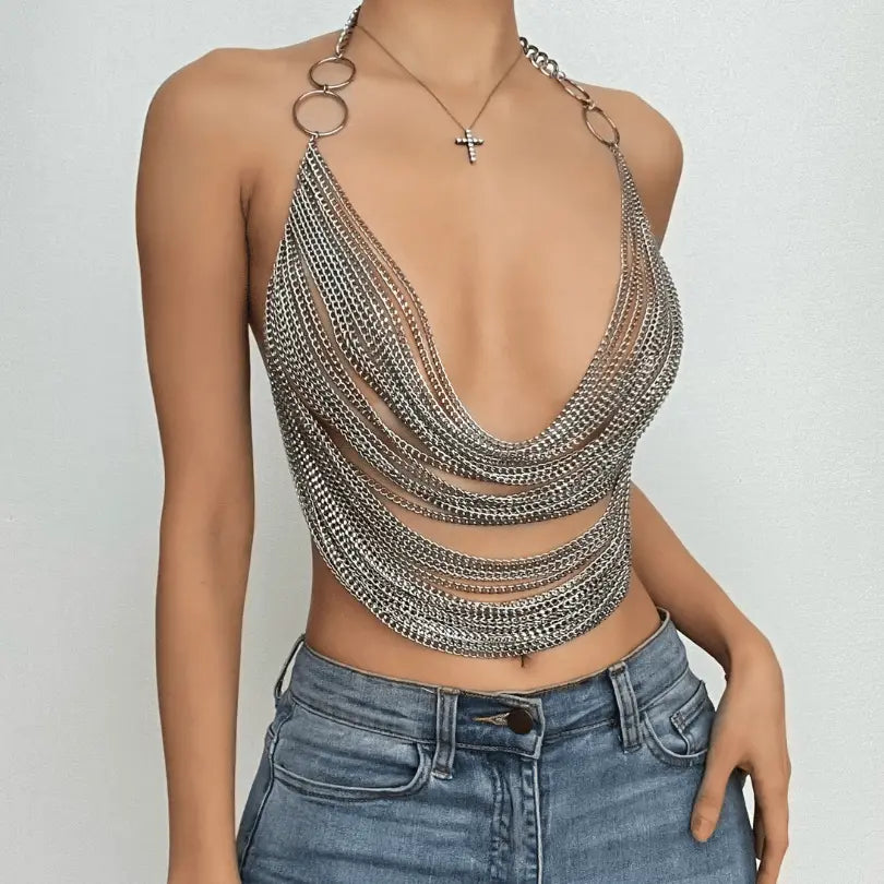 Crop Top mit Kettendetail und offenem Rücken für Frauen Mivona