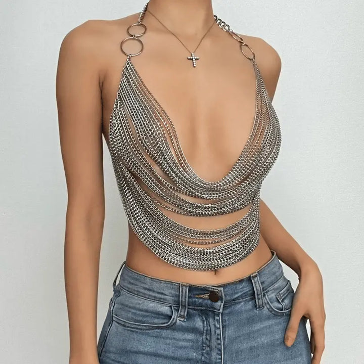 Crop Top mit Kettendetail und offenem Rücken für Frauen Mivona
