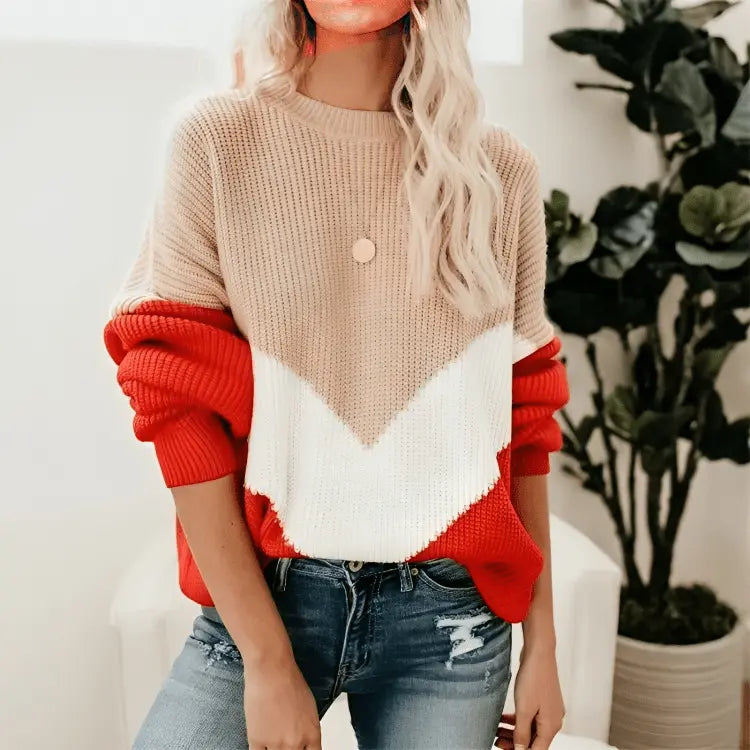Strickpullover mit Farbblock-Design und V-Streifen Für Frauen Mivona