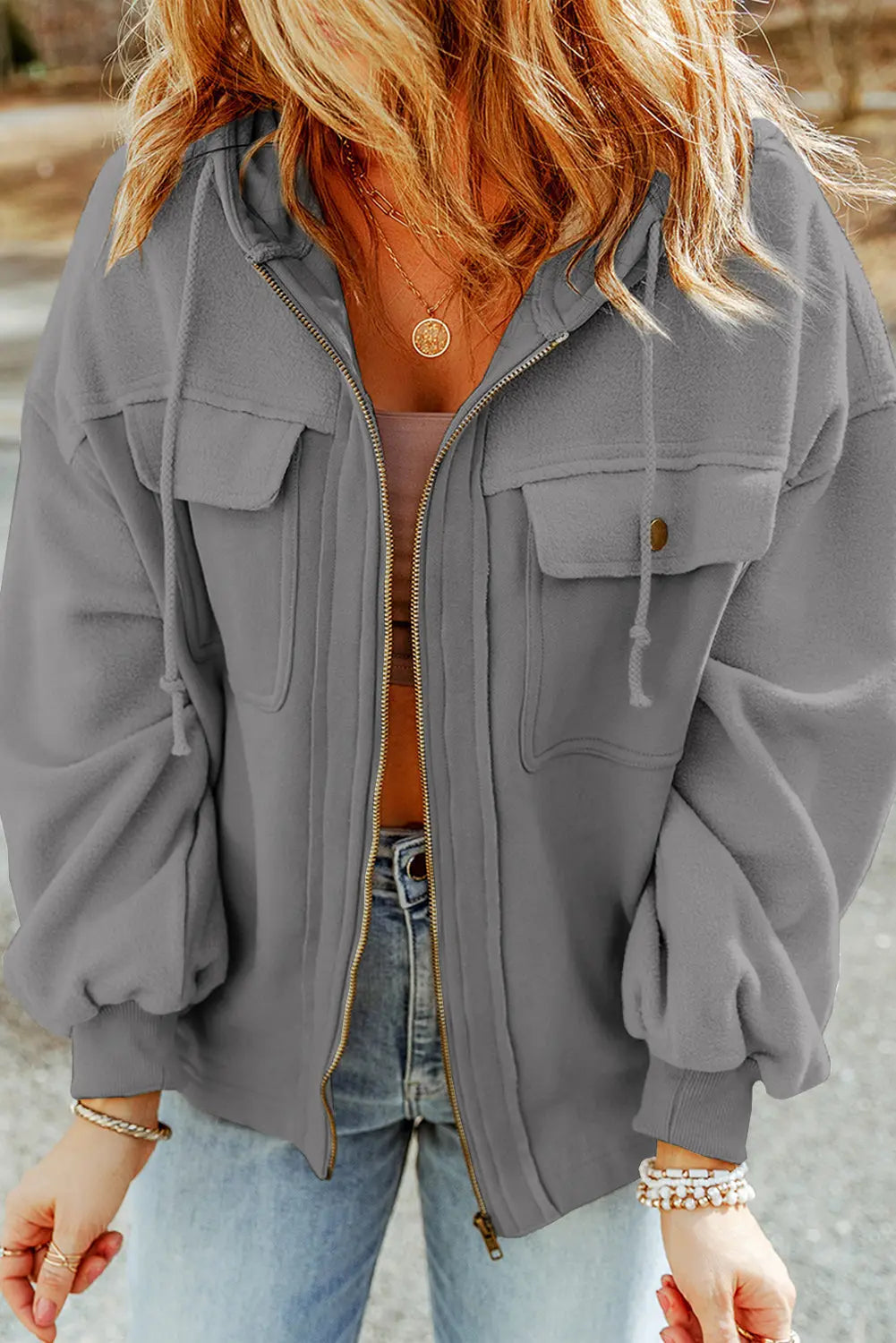 Große Kapuzenjacke mit Reißverschluss und Pattentaschen Für Frauen Mivona