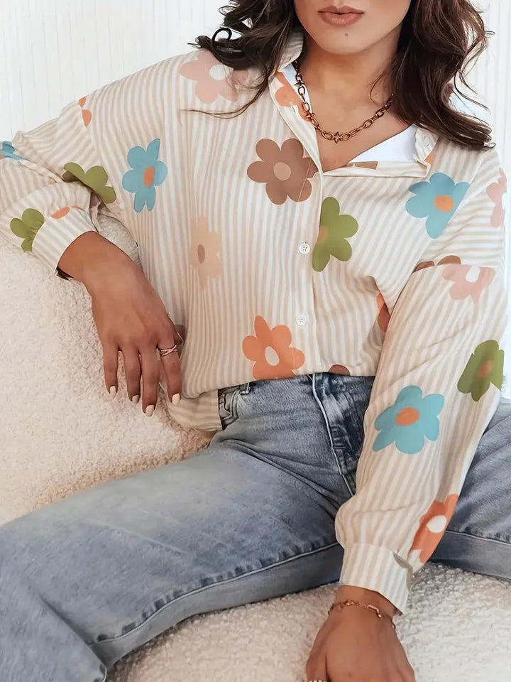 Gestreiftes Hemd mit Blumenmuster und Knopfleiste für Frauen Mivona