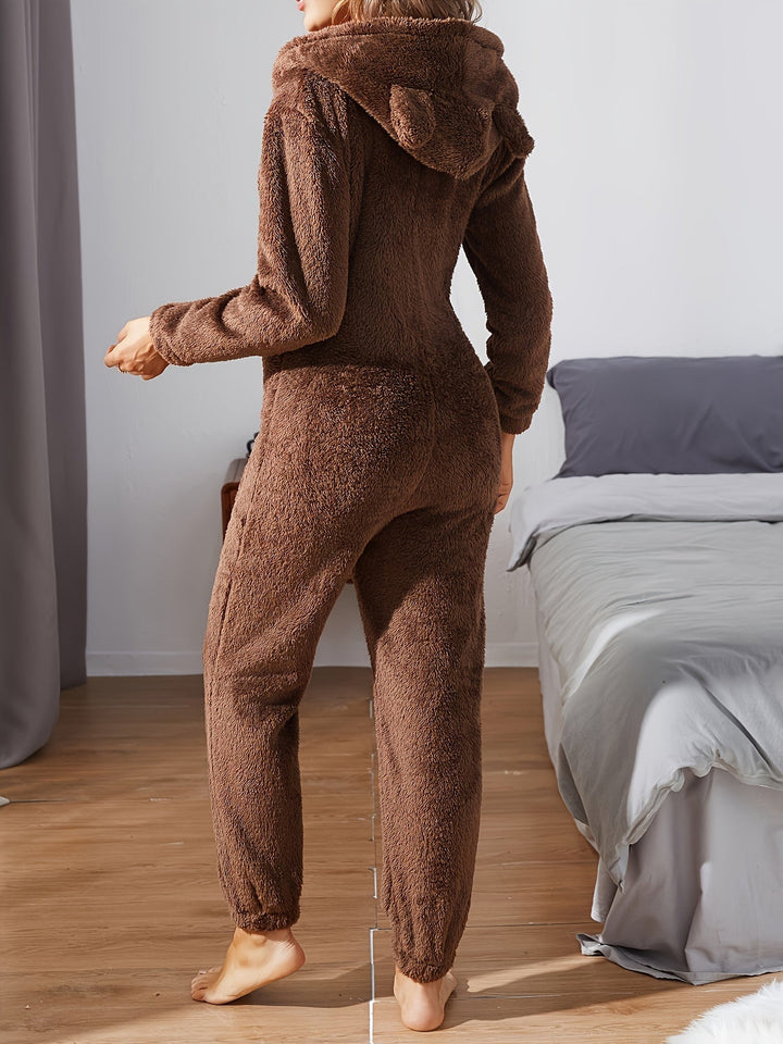 Gemütlicher Brauner Kapuzenoverall Für Lässigen Winterkomfort Für Frauen Mivona