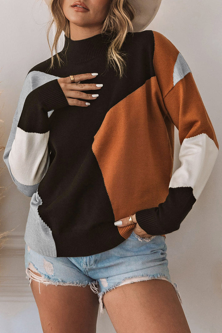 Oranger Strickpullover Mit Stehkragen Und Colorblock-Design Für Frauen Mivona