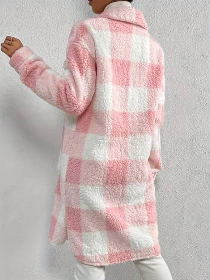 Rosa kariertes Fleece-Teddy-Mantel Für Frauen Mivona