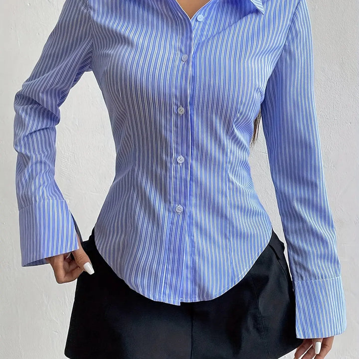 Polyester Poloshirt mit Langarm und V Ausschnitt für Frauen Mivona