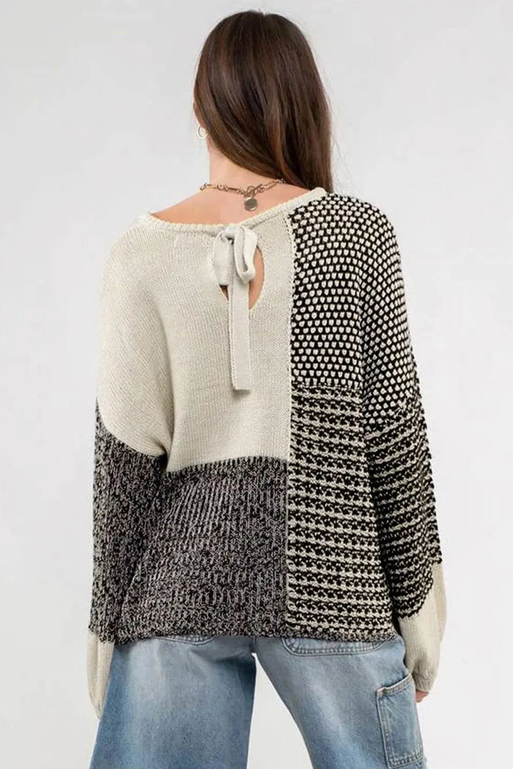 Schwarzer Colorblock-Pullover Mit Schleife Am Rücken Für Frauen Mivona
