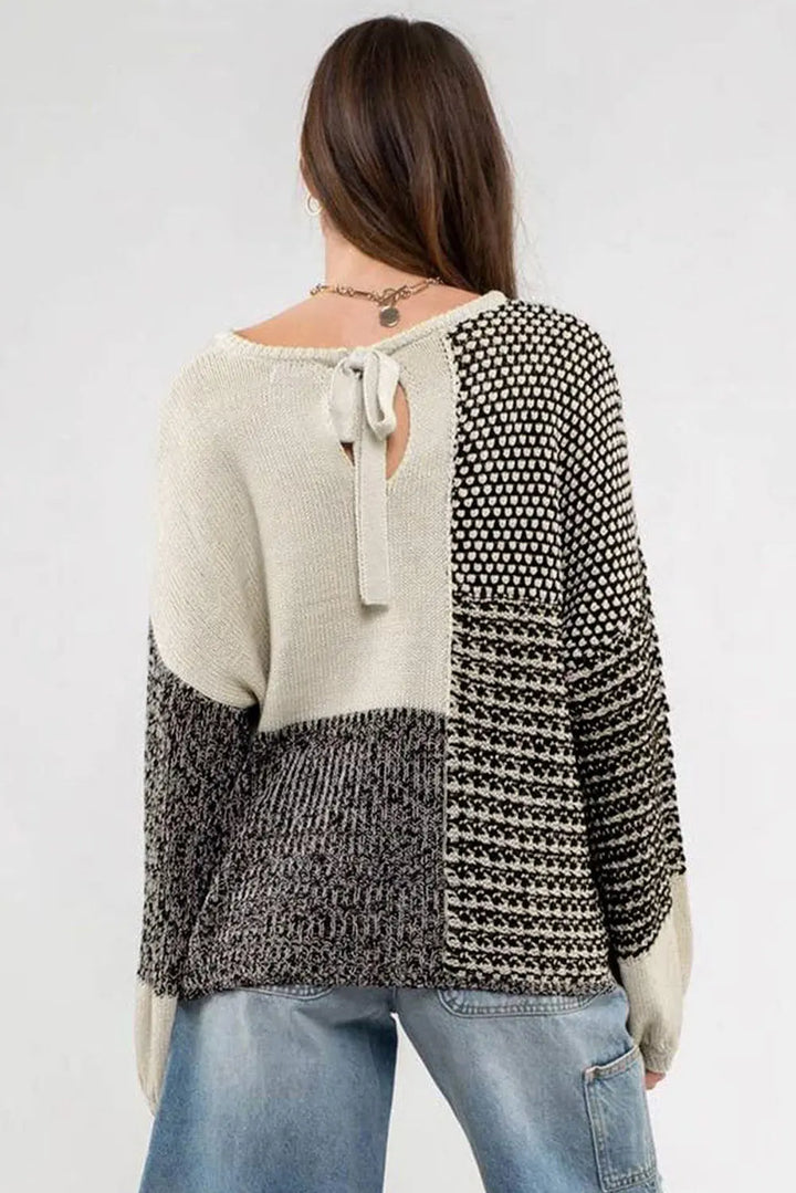 Schwarzer Colorblock-Pullover Mit Schleife Am Rücken Für Frauen Mivona