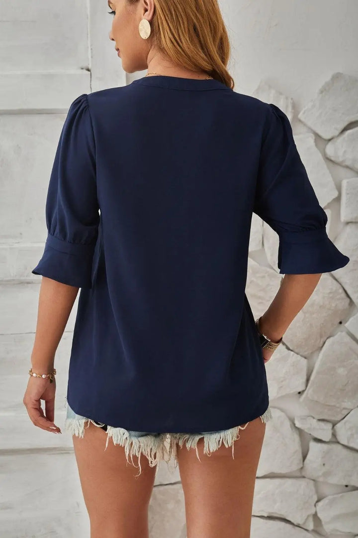 Schicke Bluse mit Halbarm und V Ausschnitt mit Schlitz Für Frauen Mivona