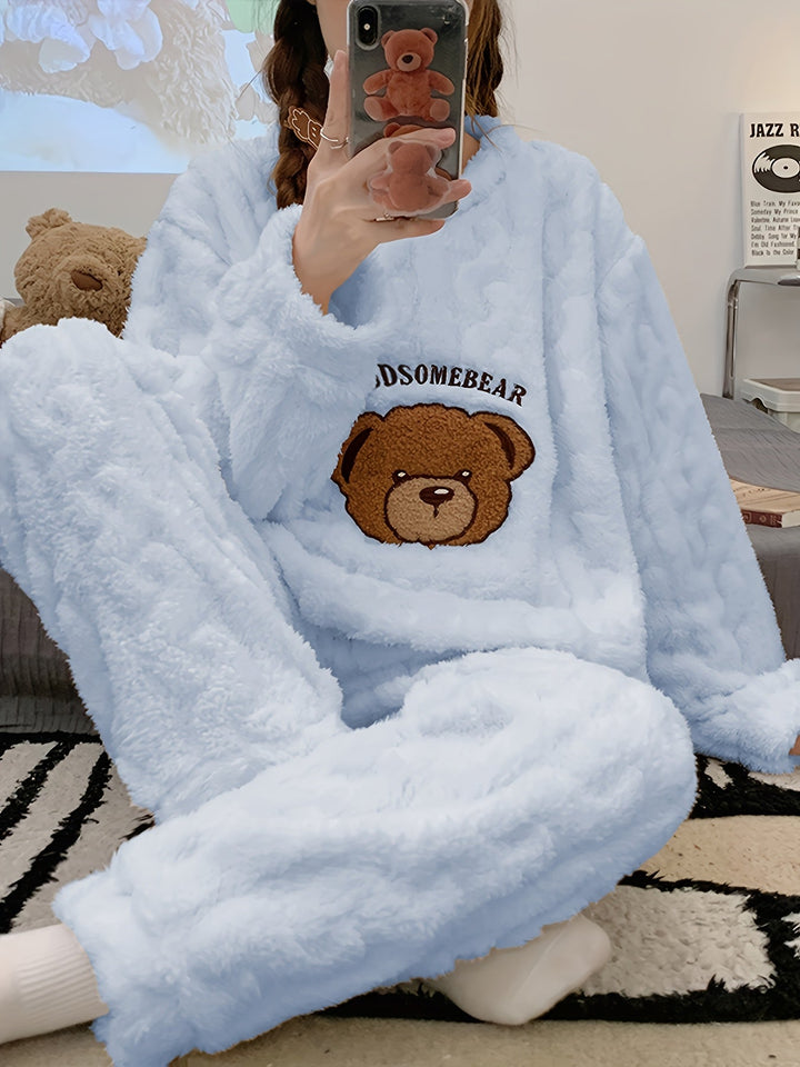 Fleece-Pyjama-Set mit Bärenstickerei Für Frauen