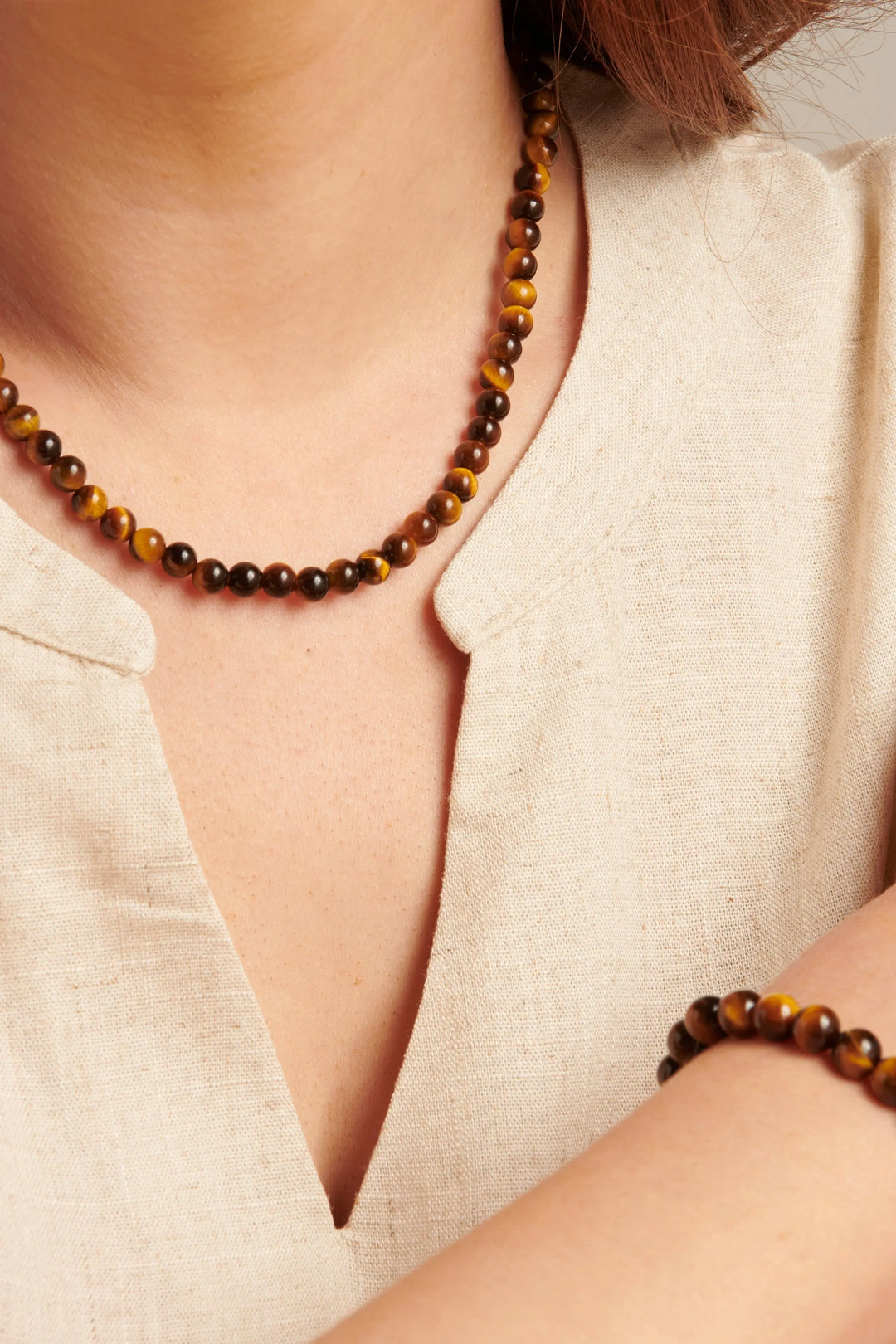 Tigerauge Quarz Perlenkette mit Natursteinakzenten Für Frauen Mivona