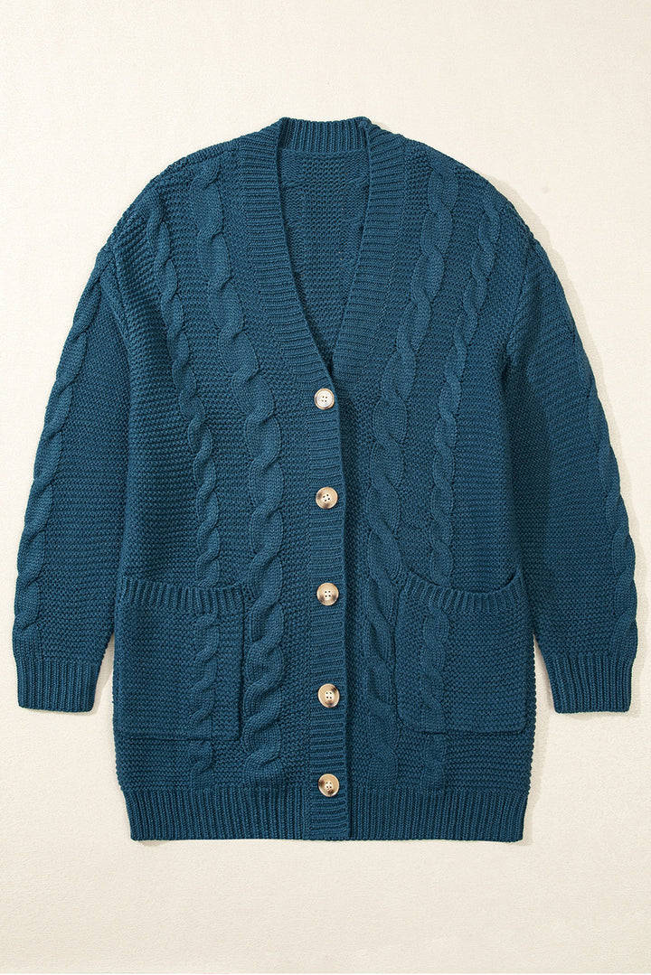 Pfauenblaue Strickjacke Mit Zopfmuster Und Knopfleiste Für Frauen Mivona