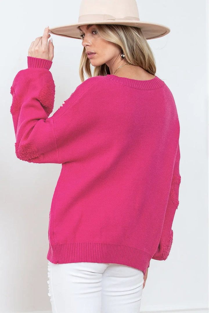 Rosa Strickpullover mit Perlenherz Details für Frauen Mivona