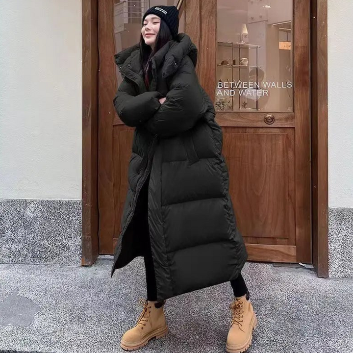 Langer Puffermantel mit Kapuze und Gestepptem Design für Damen