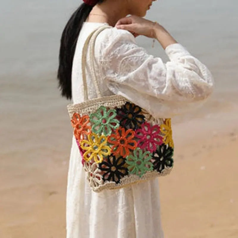 Schultertasche aus Stroh mit Blumenverzierung für Frauen Mivona