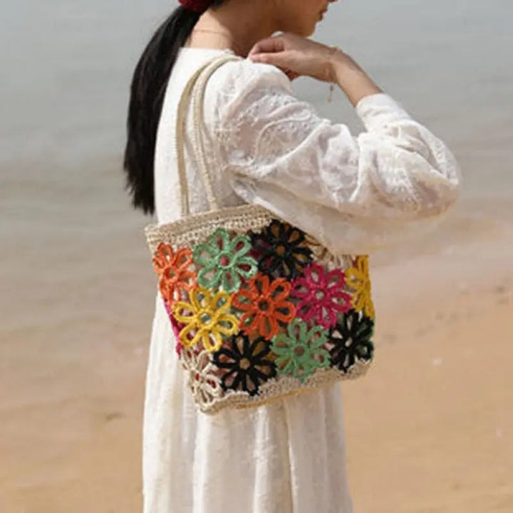 Schultertasche aus Stroh mit Blumenverzierung für Frauen Mivona
