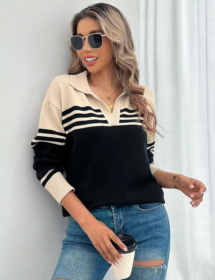 Gestreifter Langarm-Pullover mit Kragen Für Frauen Mivona