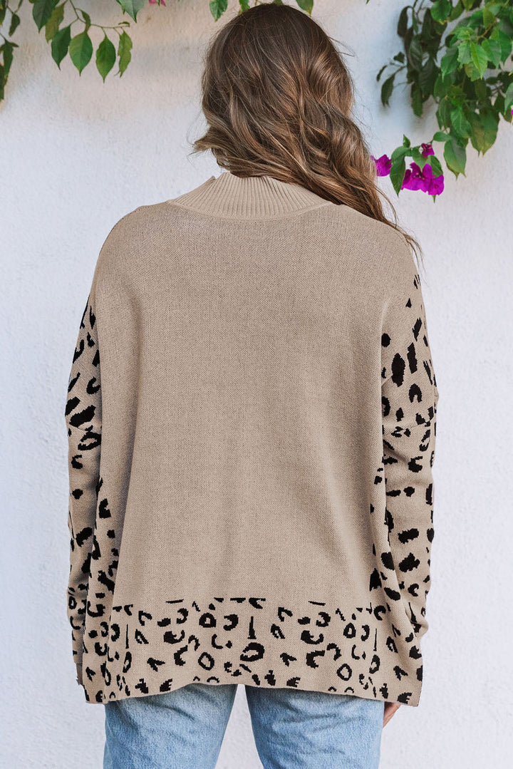 Khaki Leoparden-Print-Pullover Mit Seitenschlitzen Für Frauen Mivona