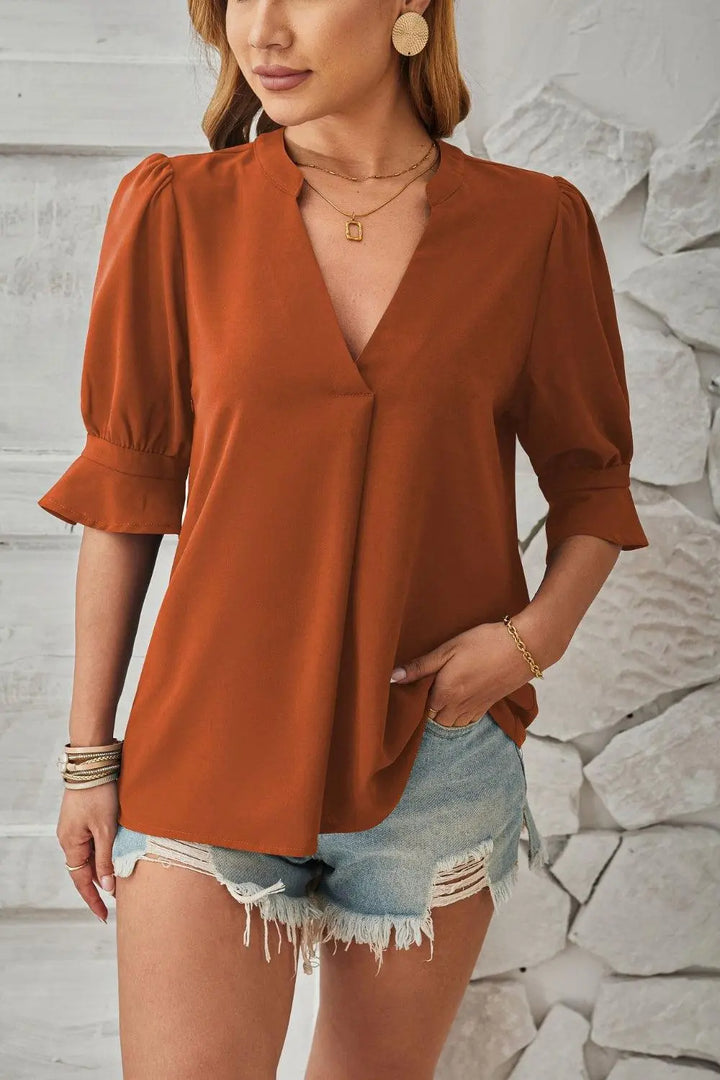 Schicke Bluse mit Halbarm und V Ausschnitt mit Schlitz Für Frauen Mivona