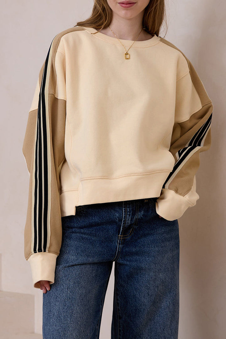 Beigefarbenes Sweatshirt mit Streifen-Patchwork Für Frauen Mivona