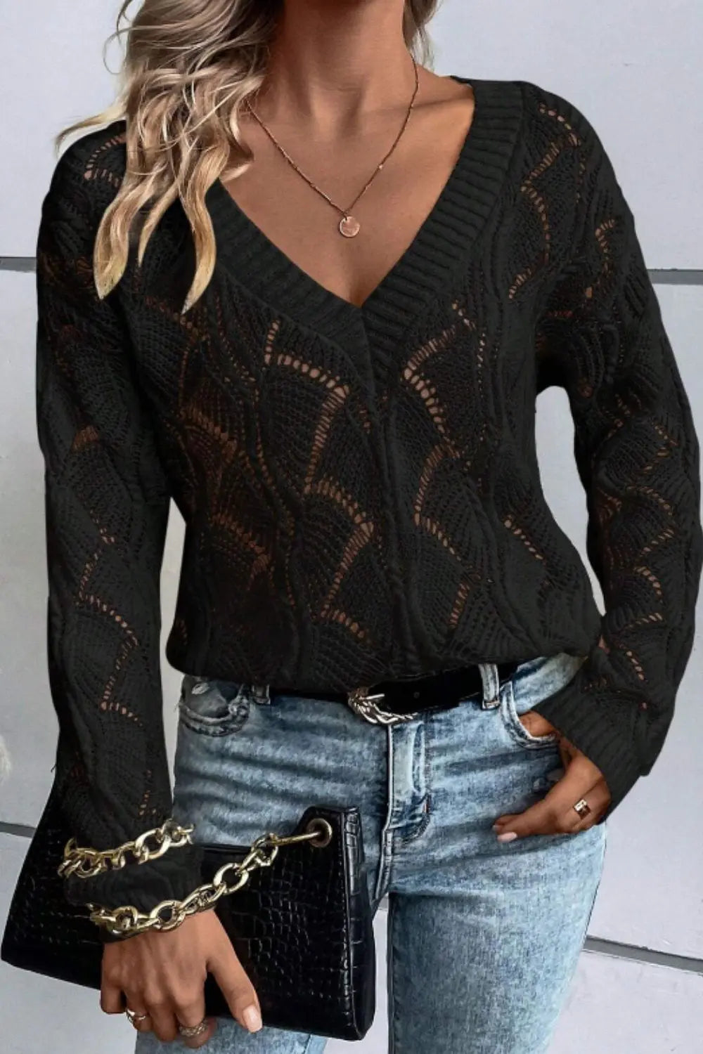 V-Ausschnitt-Strickpullover Mit Lochmuster Für Frauen Mivona