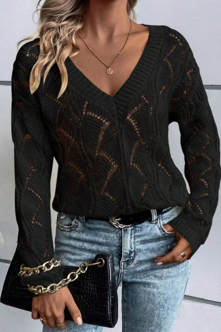 V-Ausschnitt-Strickpullover Mit Lochmuster Für Frauen Mivona