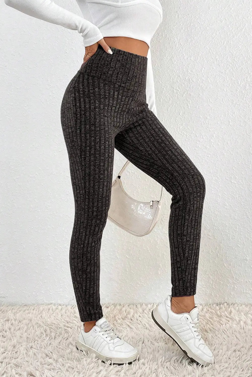 Dunkelgraue Strickleggings Mit Breitem Bund Für Frauen Mivona