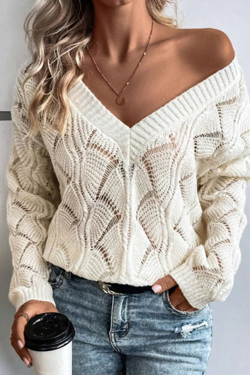 V-Ausschnitt-Strickpullover Mit Lochmuster Für Frauen Mivona