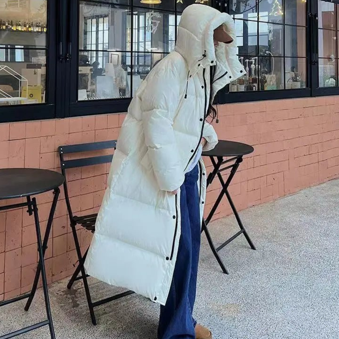 Langer Puffermantel mit Kapuze und Gestepptem Design für Damen