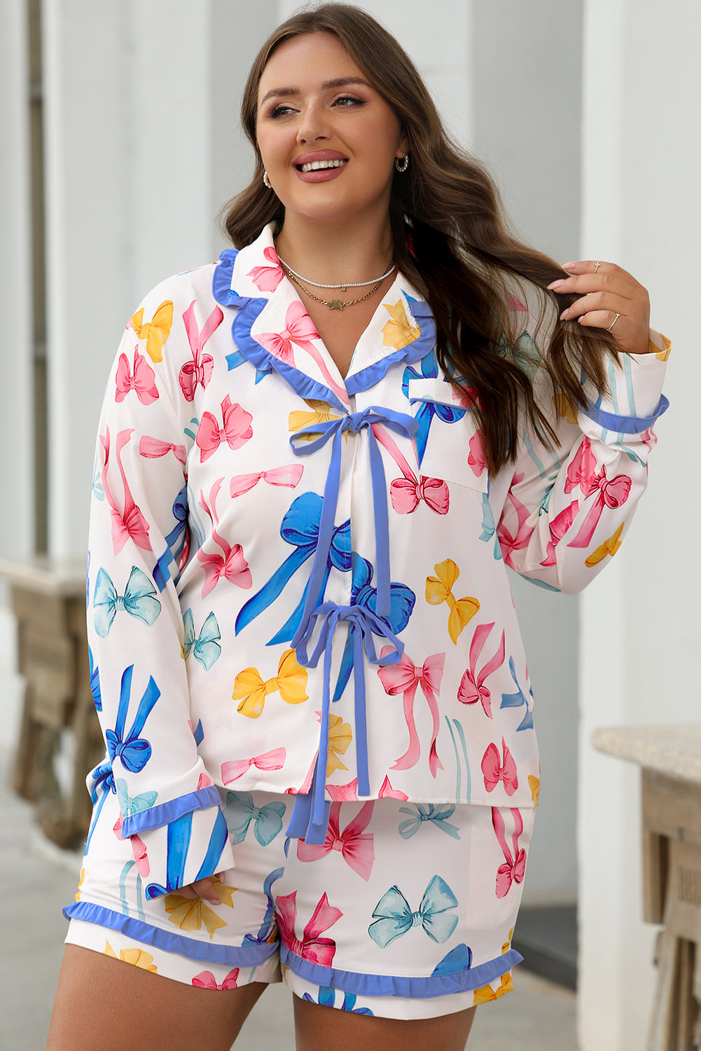 Himmelblaues Pyjama-Set mit Schleifenmuster Für Frauen Mivona