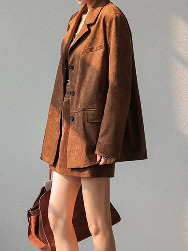 Chic Oversized Blazer und Rock aus Braunen Wildleder Für Frauen Mivona