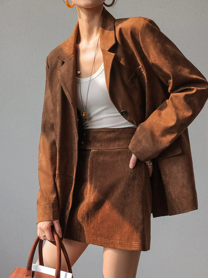 Chic Oversized Blazer und Rock aus Braunen Wildleder Für Frauen Mivona