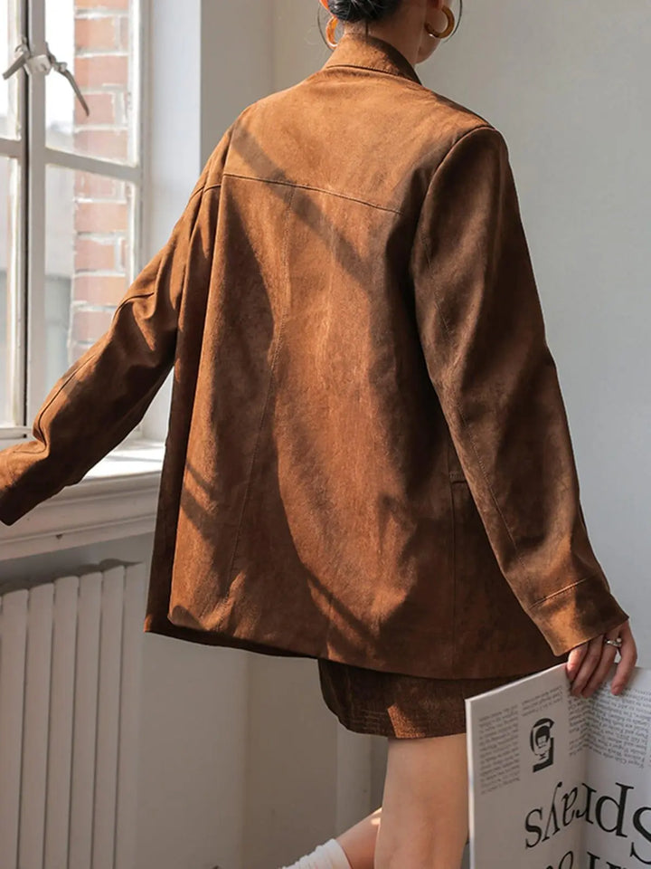 Chic Oversized Blazer und Rock aus Braunen Wildleder Für Frauen Mivona