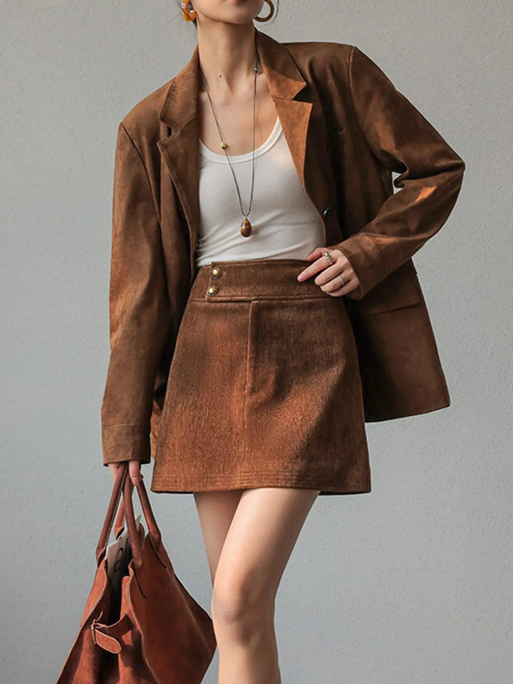Chic Oversized Blazer und Rock aus Braunen Wildleder Für Frauen Mivona
