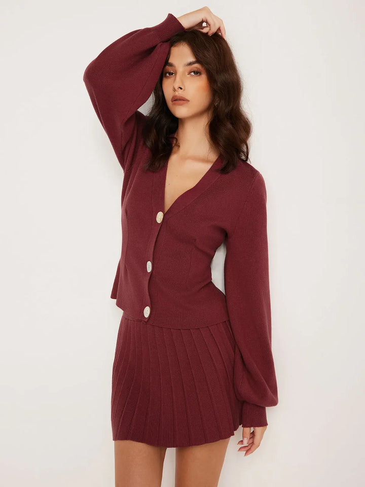 Strick Set mit Knopf Cardigan und Faltenrock für Frauen Mivona
