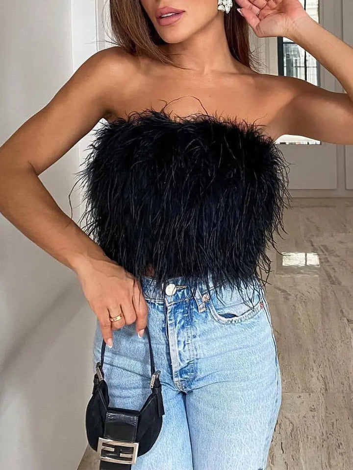 Luxuriöses Woll Bandeau Top mit Federschmuck für Damen Mivona