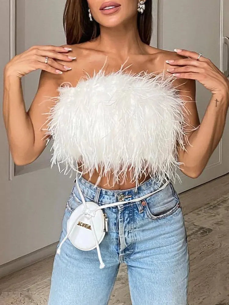 Luxuriöses Woll Bandeau Top mit Federschmuck für Damen Mivona