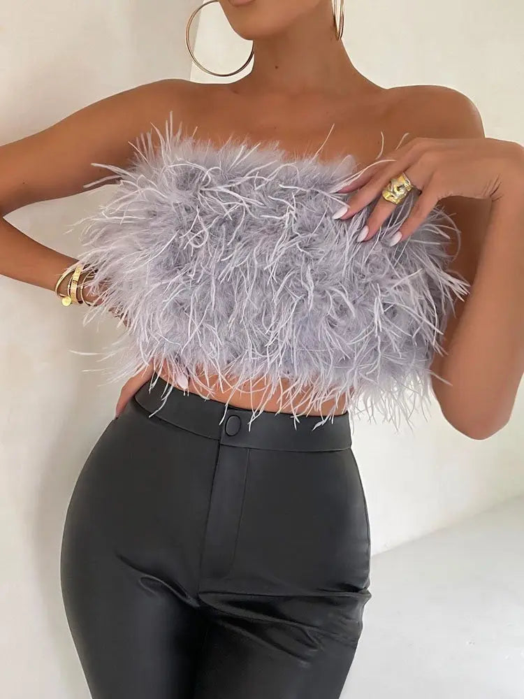 Luxuriöses Woll Bandeau Top mit Federschmuck für Damen Mivona