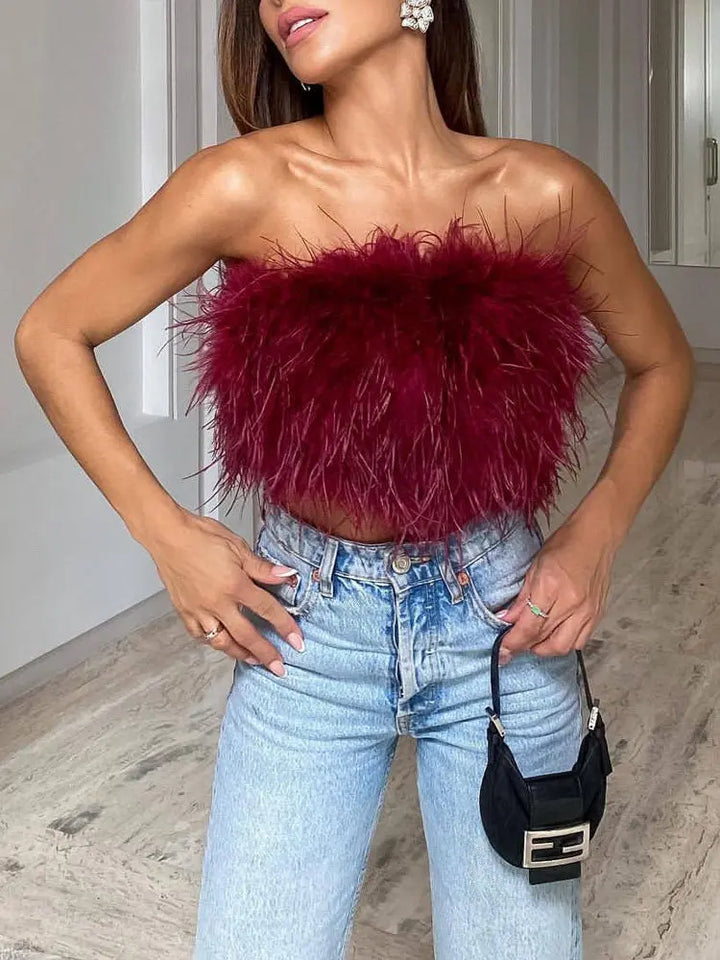 Luxuriöses Woll Bandeau Top mit Federschmuck für Damen Mivona