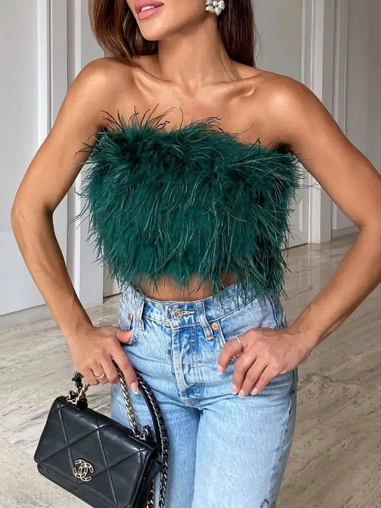 Luxuriöses Woll Bandeau Top mit Federschmuck für Damen Mivona