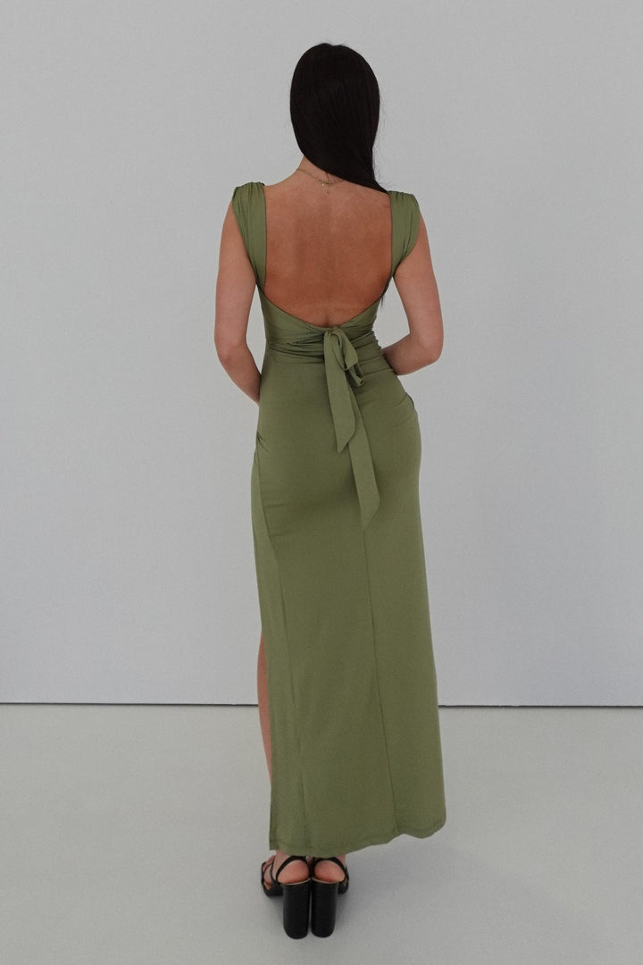 Schickes Khaki-Kleid Mit Rückenknoten Und Schlitz Für Frauen Mivona