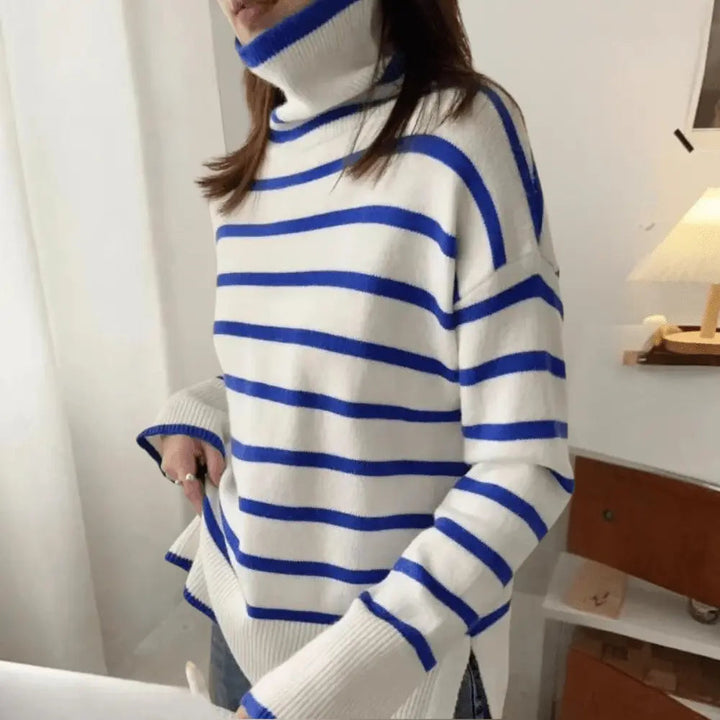 Gestreifter Rollkragenpullover Lang Winter Damen