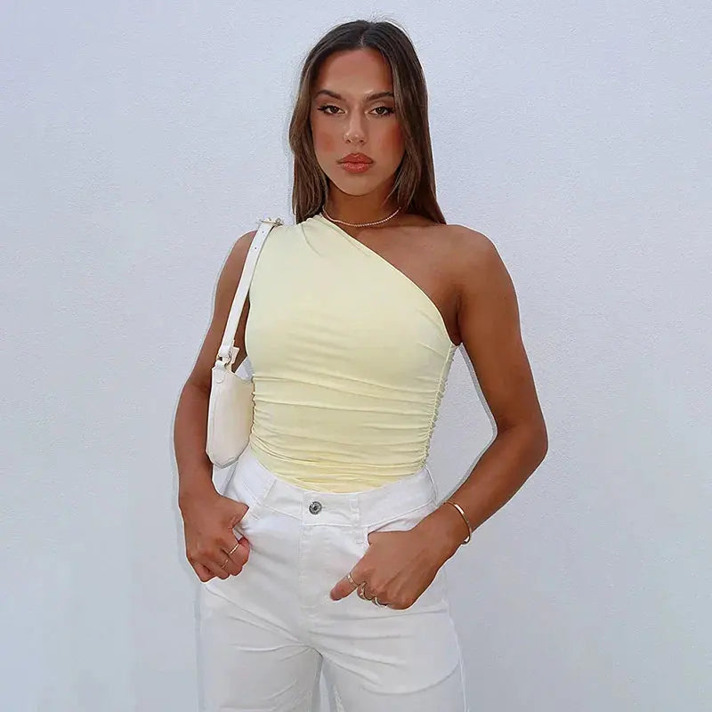 One Shoulder Crop Top mit Faltenstruktur für Frauen Mivona