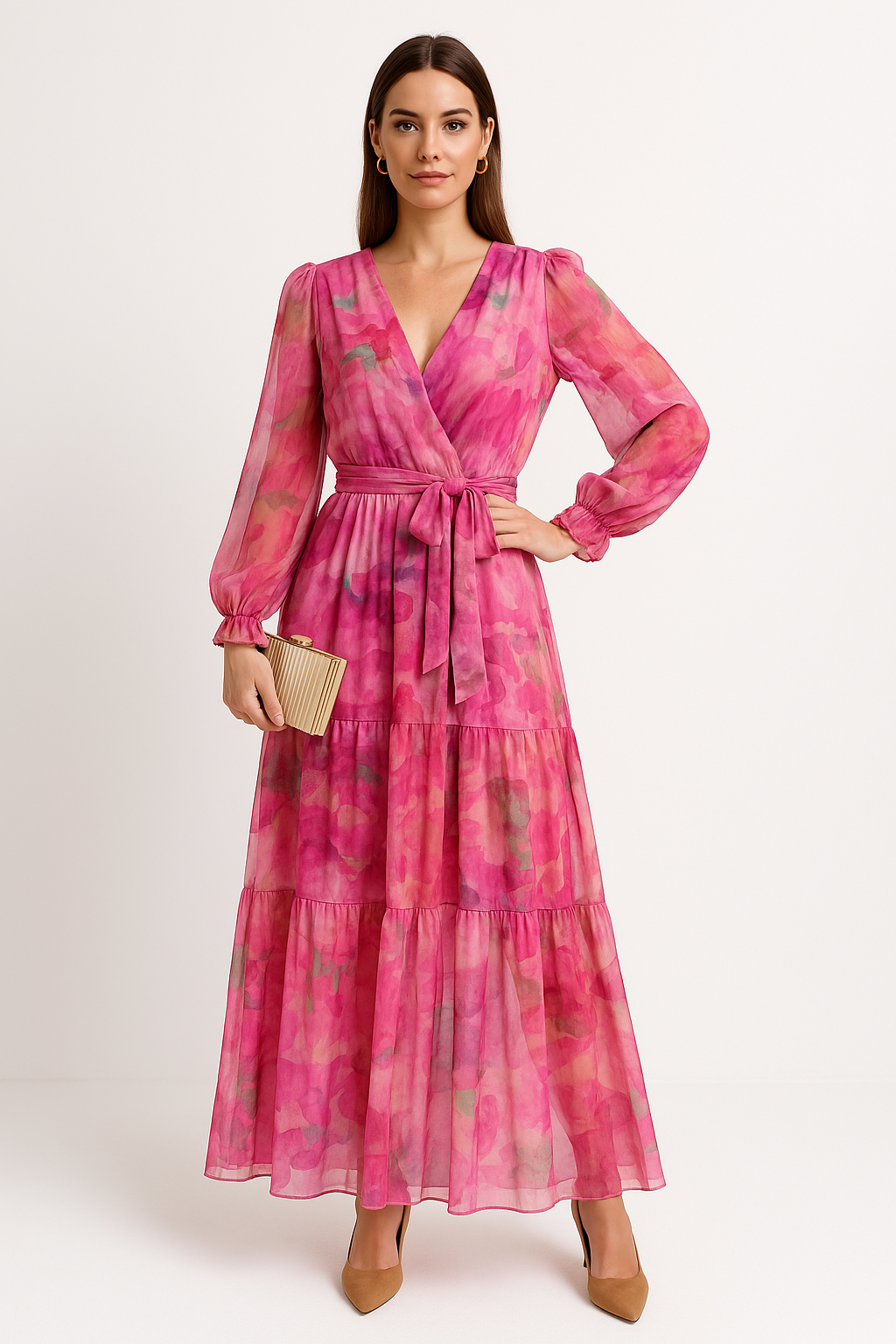 Maxikleid mit V Ausschnitt und Gürtel Taille für Frauen Mivona