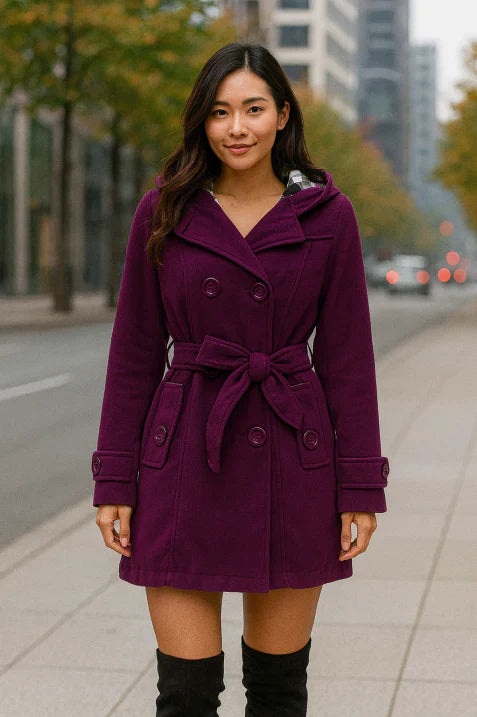 Doppelreihiger Mantel mit Gürtel und Kapuze für Damen