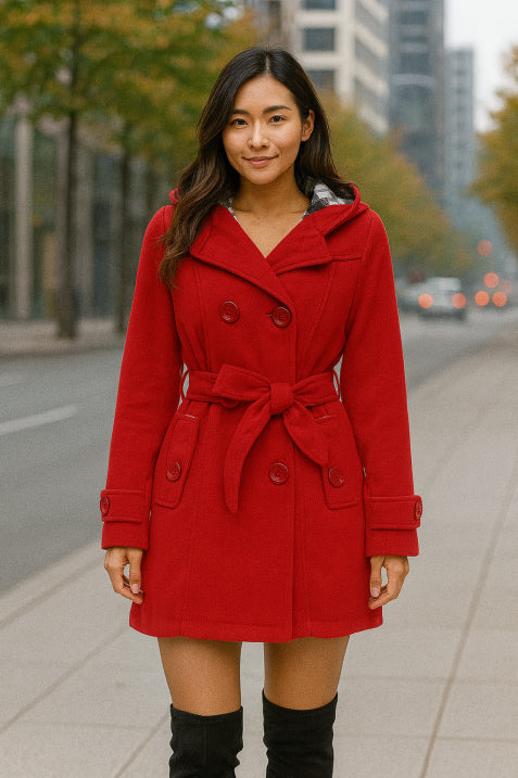 Doppelreihiger Mantel mit Gürtel und Kapuze für Damen